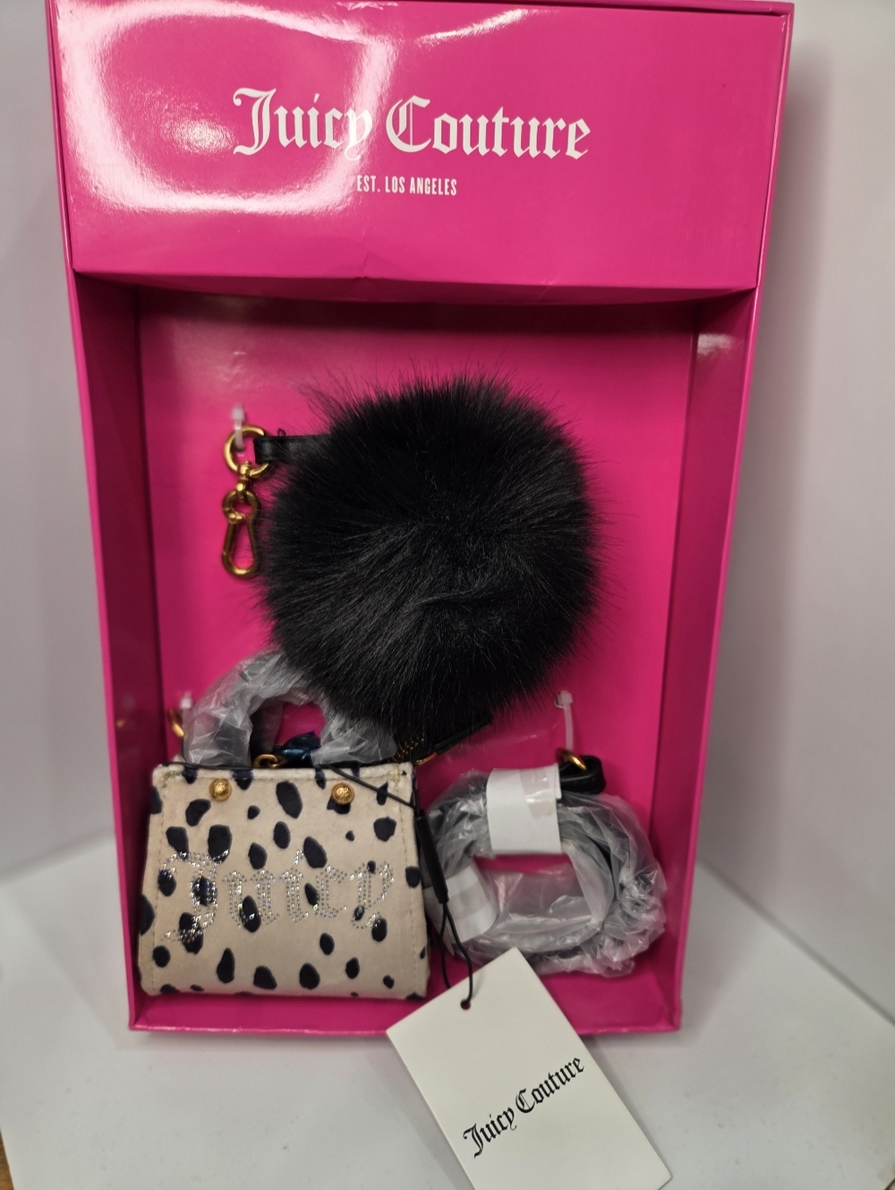 Juicy Couture UK Beige Leopard Print Bag Charm with Black Pom and Gold Hardware